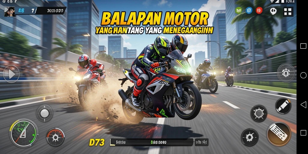 Tampilan gameplay D73 yang mendebarkan saat balapan motor.