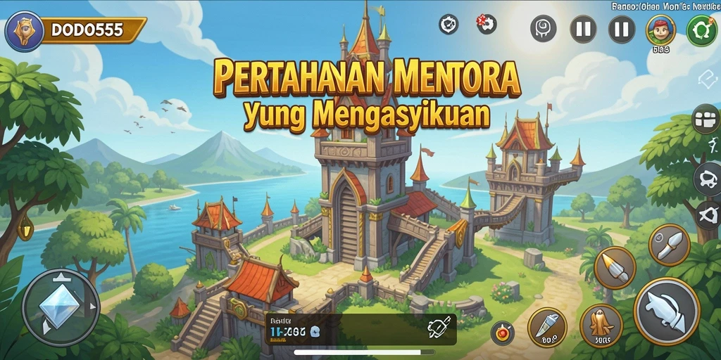 Screenshot DODO555 menampilkan serangan menara dalam permainan Tower Defense.