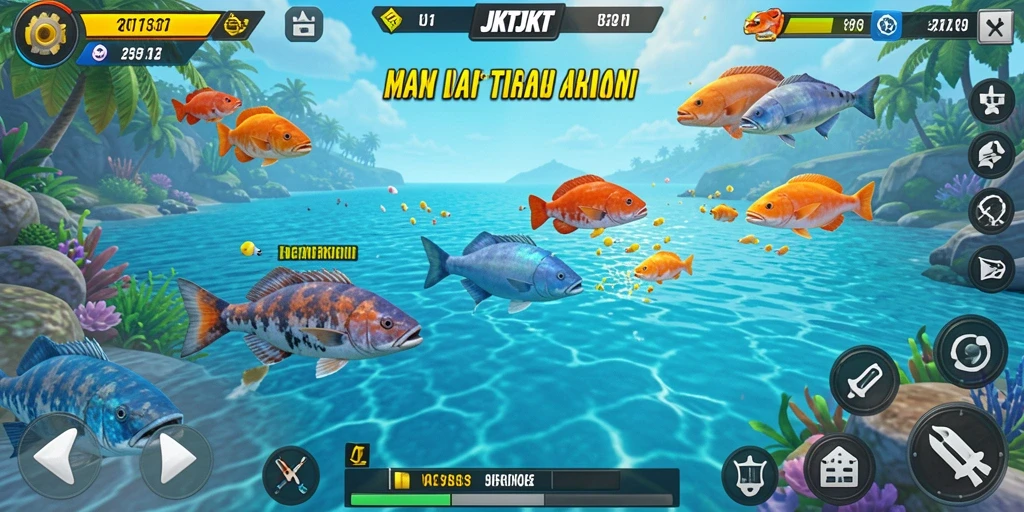 Screenshot menampilkan aksi seru menangkap ikan dalam JKTJKT.