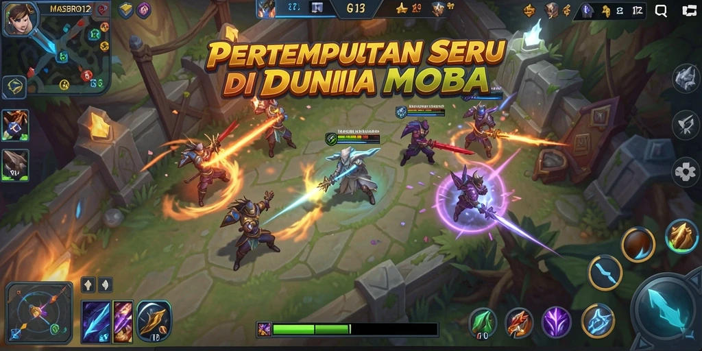 Screenshot dari gameplay MOBA yang intens di MASBRO12.