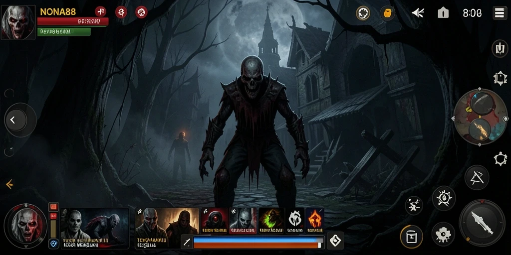 Screenshot gameplay NONA88 menampilkan suasana menyeramkan dan karakter yang terjebak dalam kegelapan.