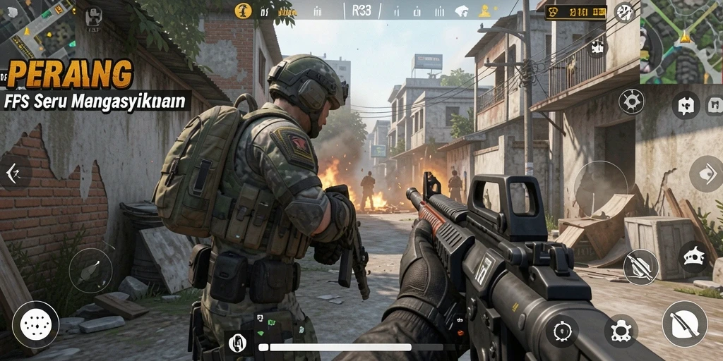 Screenshot gameplay RR33 menampilkan aksi tembak-menembak yang intens dalam lingkungan yang dinamis.