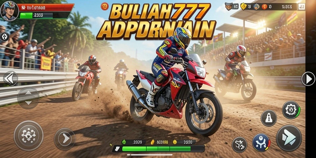 Screenshot utama RUPIAH777 menampilkan aksi balapan motor yang intens dan mendebarkan.