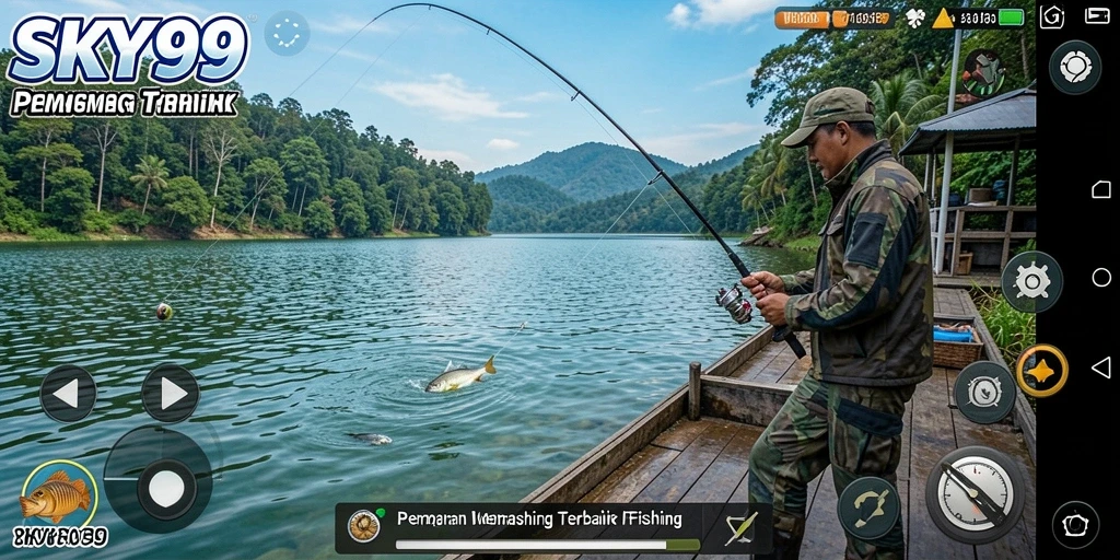 Tampilkan gameplay menegangkan dari memancing di lautan luas dalam SKY99.