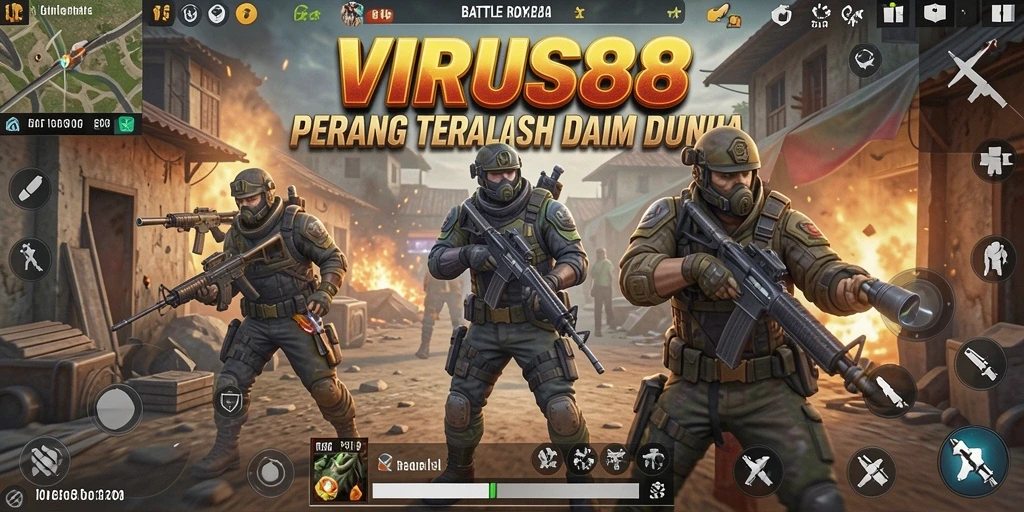 Tangkapan layar gameplay <strong>VIRUS88</strong> menunjukkan aksi seru dalam pertempuran Battle Royale.